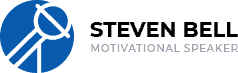 Logo Steven Bell Motivational Speaker dengan ikon mikrofon dan teks.